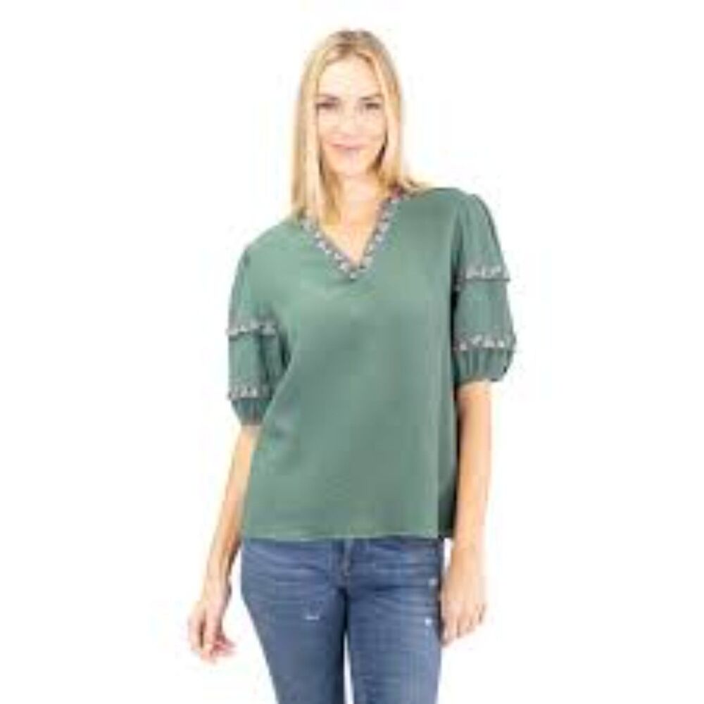 Linda Anderson Green Gauze Meadow Grace Embroidered V-Neck Blouse Peasant Size L